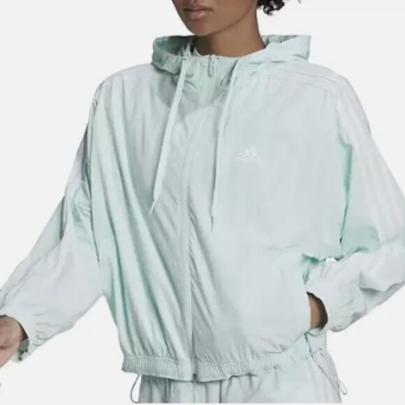 adidas Windbreaker Jacket Womens XL Loose Classic 3 Stripes Ice Mint Blue - Picture 2 of 4
